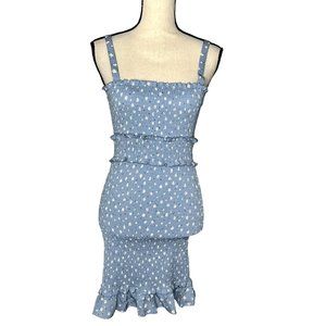 Love Tree Blue Floral Woven Printed Sleeveless Ruffle Hem Smocking Dress Size M